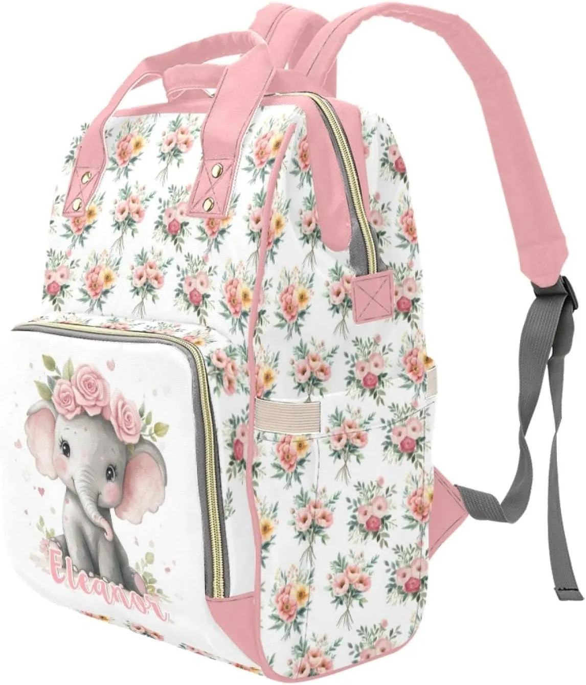 Personalized Cute Elephant Diaper Bag Backpack for Girls, Custom Diaper Backpack Mommy Bag with Name, Customized Name Nursing Bags Gifts for Newborn New Mom