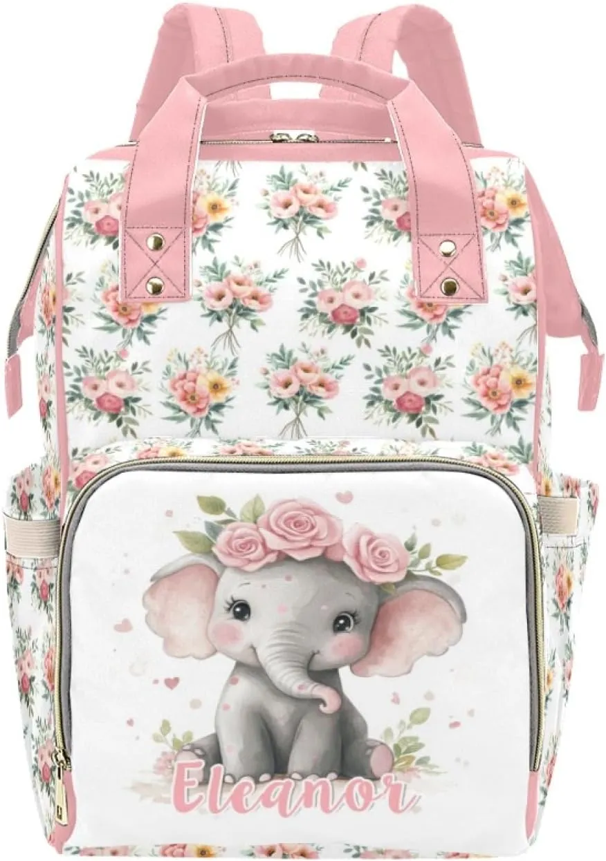 Personalized Cute Elephant Diaper Bag Backpack for Girls, Custom Diaper Backpack Mommy Bag with Name, Customized Name Nursing Bags Gifts for Newborn New Mom