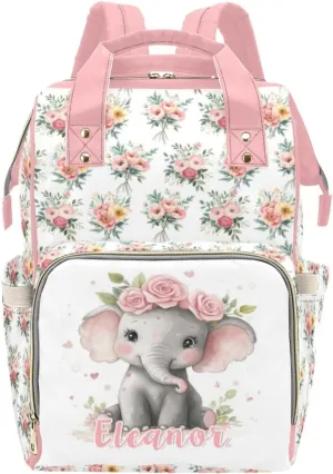 Personalized Cute Elephant Diaper Bag Backpack for Girls, Custom Diaper Backpack Mommy Bag with Name, Customized Name Nursing Bags Gifts for Newborn New Mom