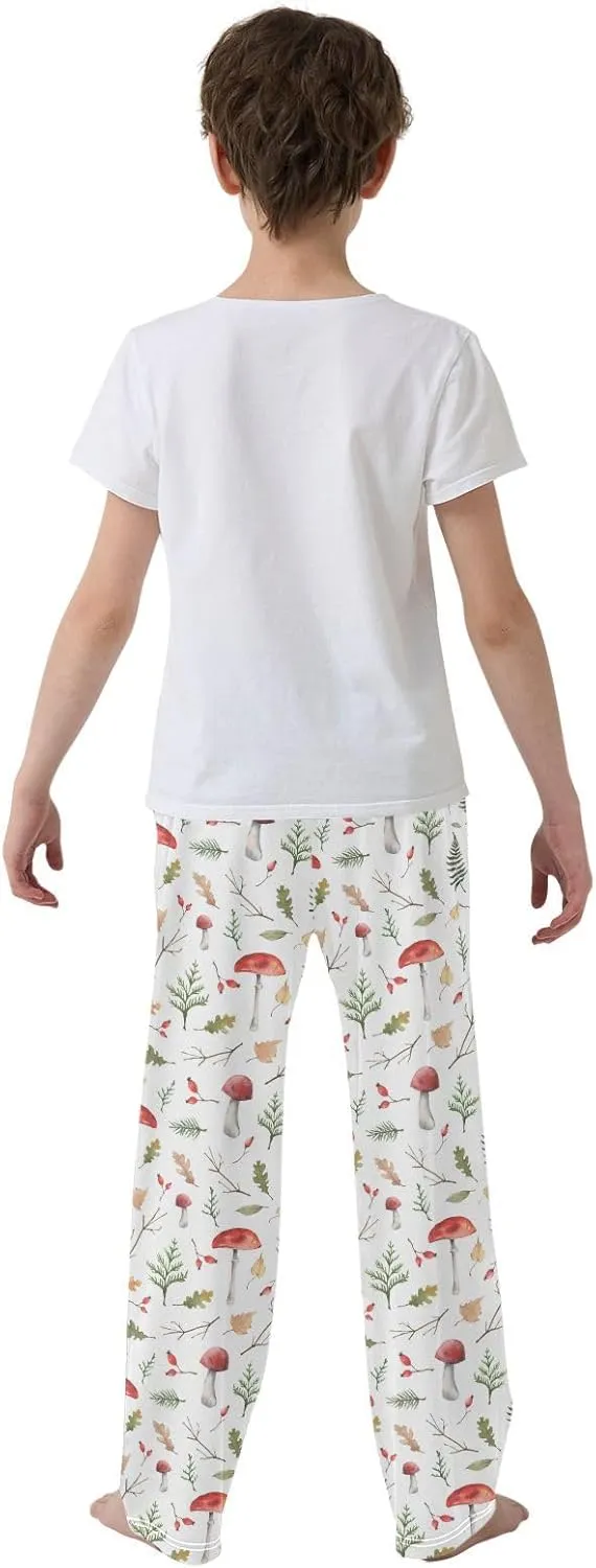 Pfrewn Girls Pajama Pants Watercolor Mushrooms Leaves Branches Kids Casual Comfy Lounge Sleepwear Bottoms with Pockets, M