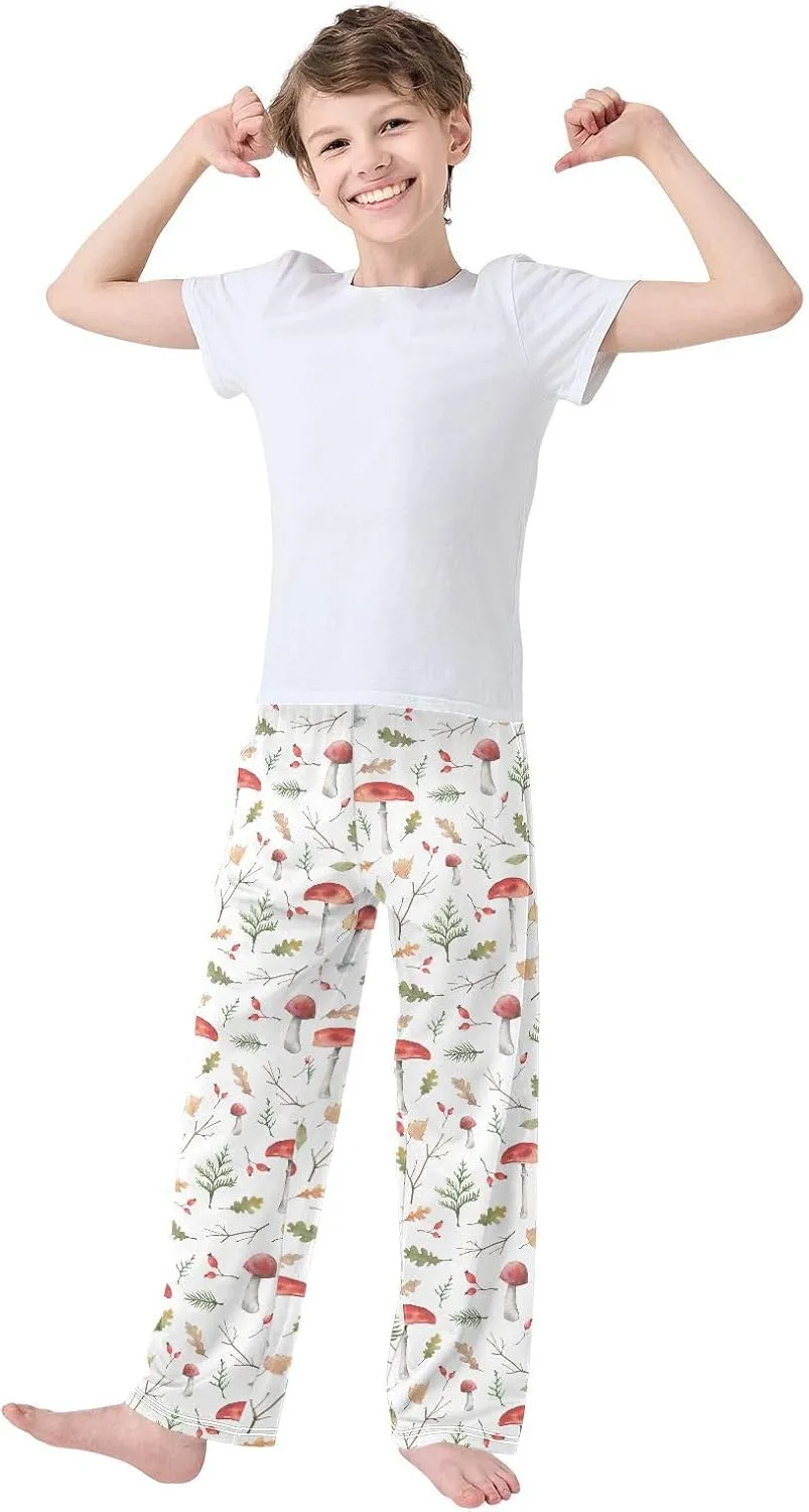 Pfrewn Girls Pajama Pants Watercolor Mushrooms Leaves Branches Kids Casual Comfy Lounge Sleepwear Bottoms with Pockets, M