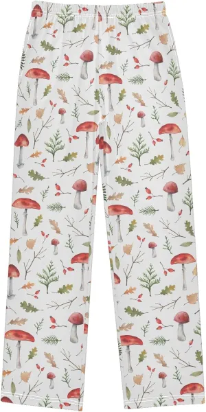 Pfrewn Girls Pajama Pants Watercolor Mushrooms Leaves Branches Kids Casual Comfy Lounge Sleepwear Bottoms with Pockets, M
