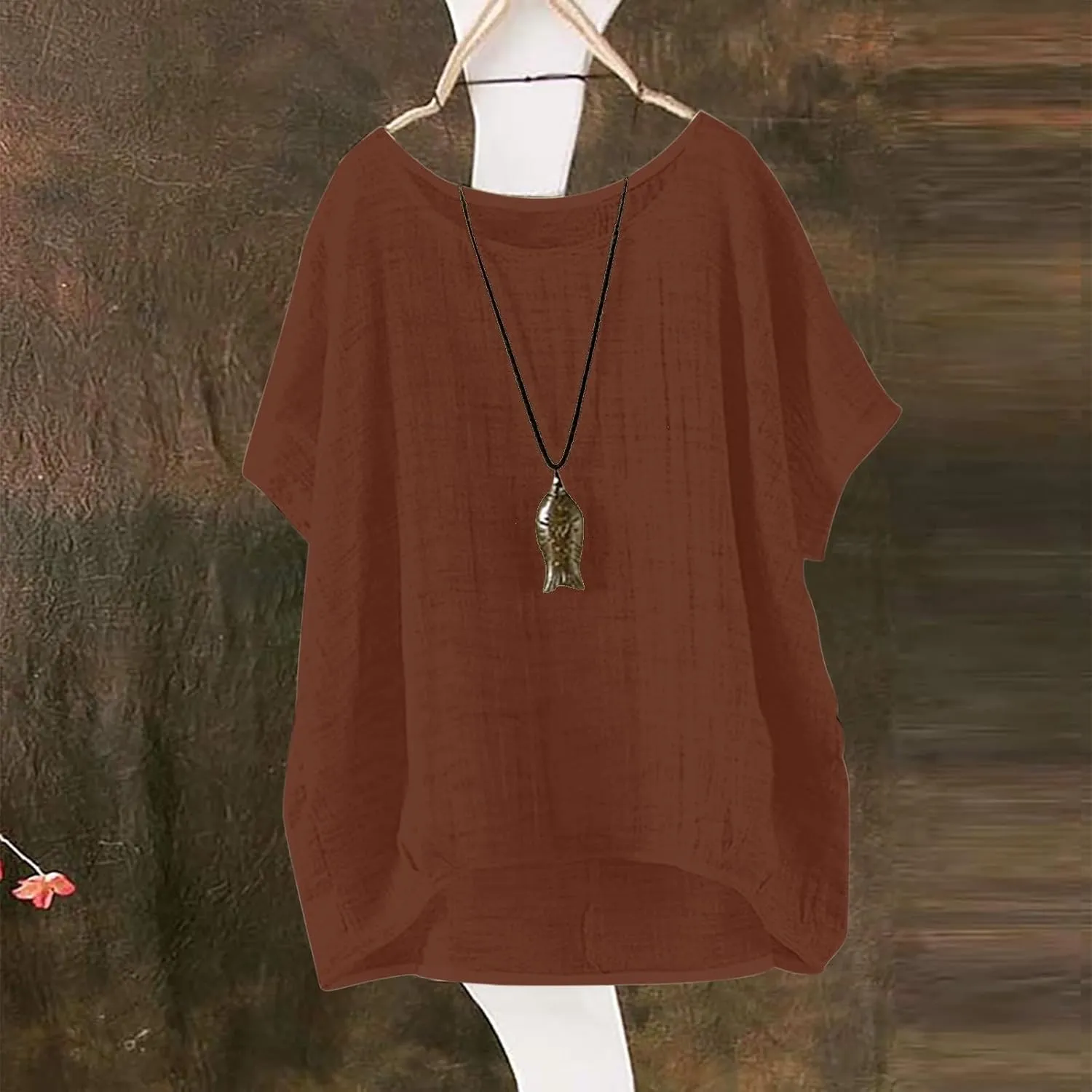 Plus Size Tops for Women 2024 Summer Bat Short Sleeve Crewneck Cotton Linen Blouse Trendy Casual Loose Fit T Shirts