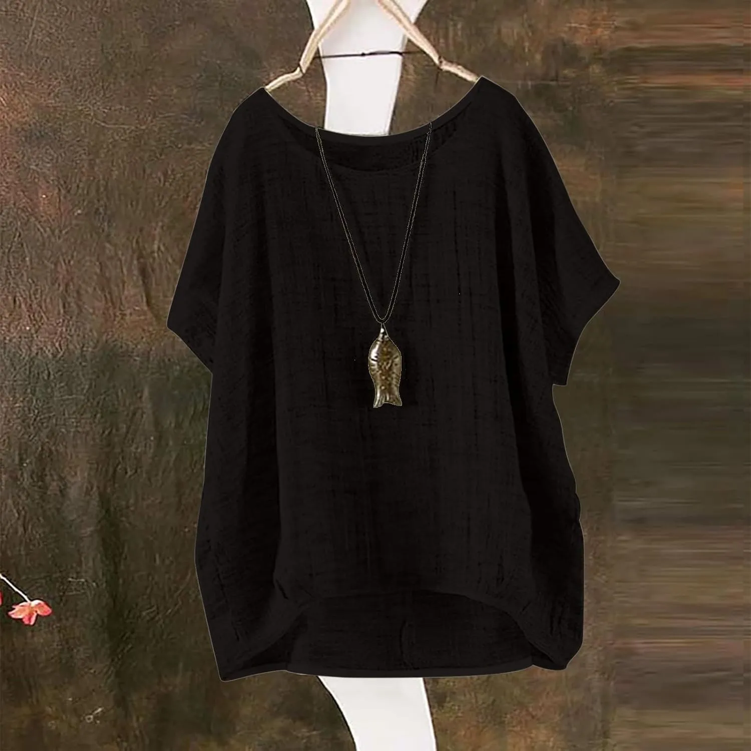 Plus Size Tops for Women 2024 Summer Bat Short Sleeve Crewneck Cotton Linen Blouse Trendy Casual Loose Fit T Shirts