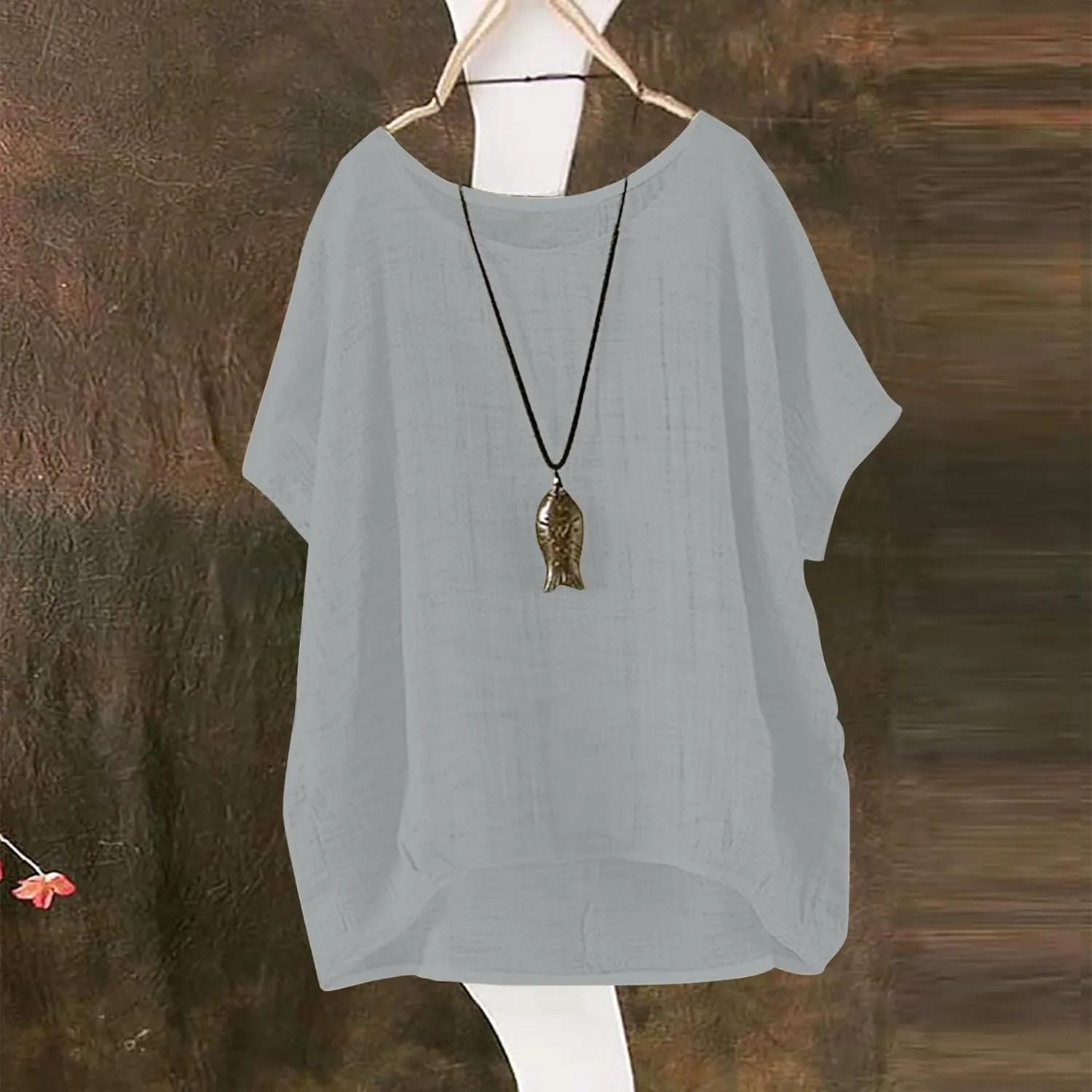 Plus Size Tops for Women 2024 Summer Bat Short Sleeve Crewneck Cotton Linen Blouse Trendy Casual Loose Fit T Shirts