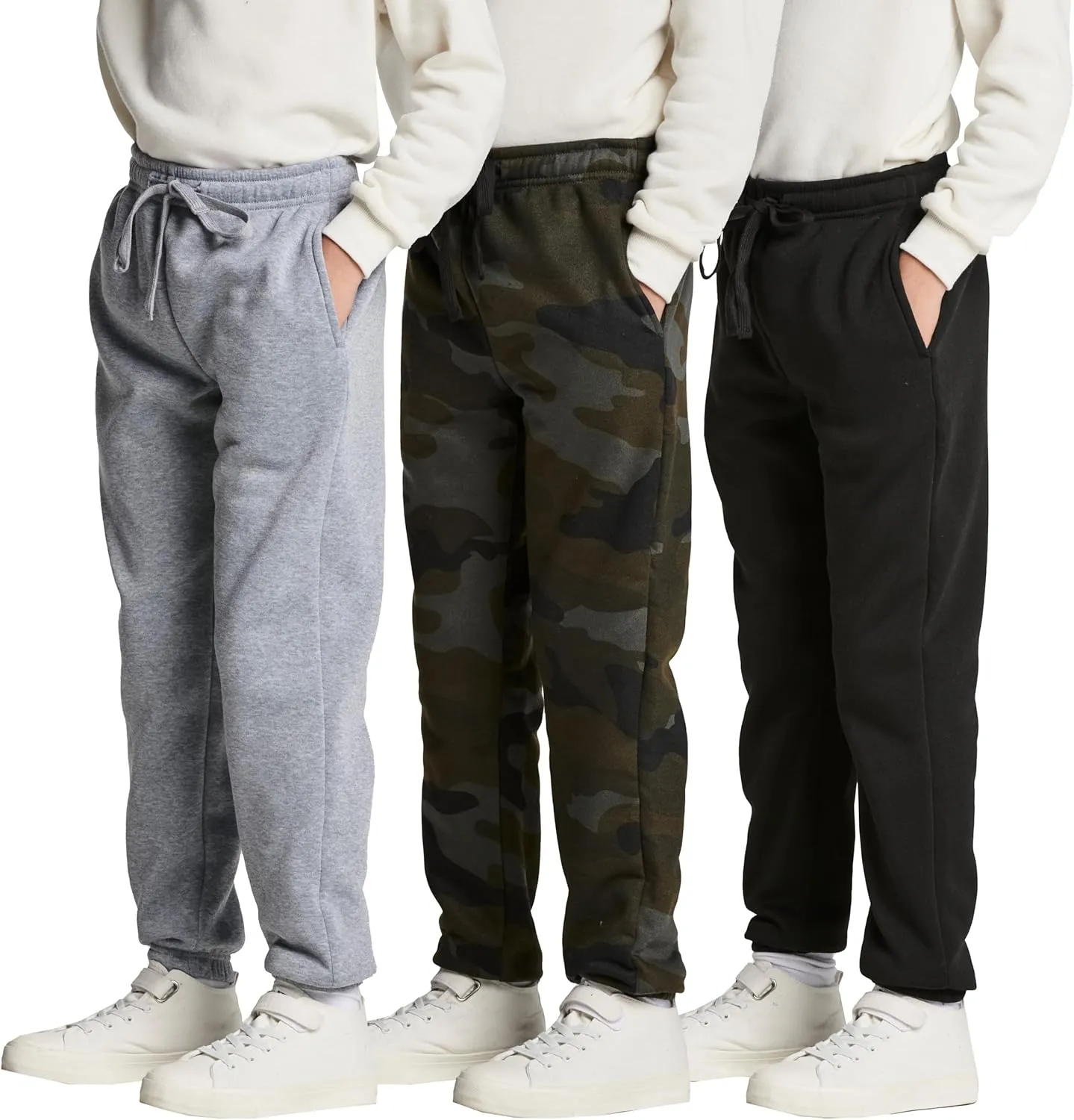 Real Essentials 3 Pack: Boys Tech Fleece Jogger Active Sweatpants with Pockets - Youth Soft Athletic Joggers (Size 6-24)