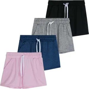 Real Essentials 4 Pack: Girls Athletic Performance Dry-Fit Running Shorts with Drawstring & Pockets