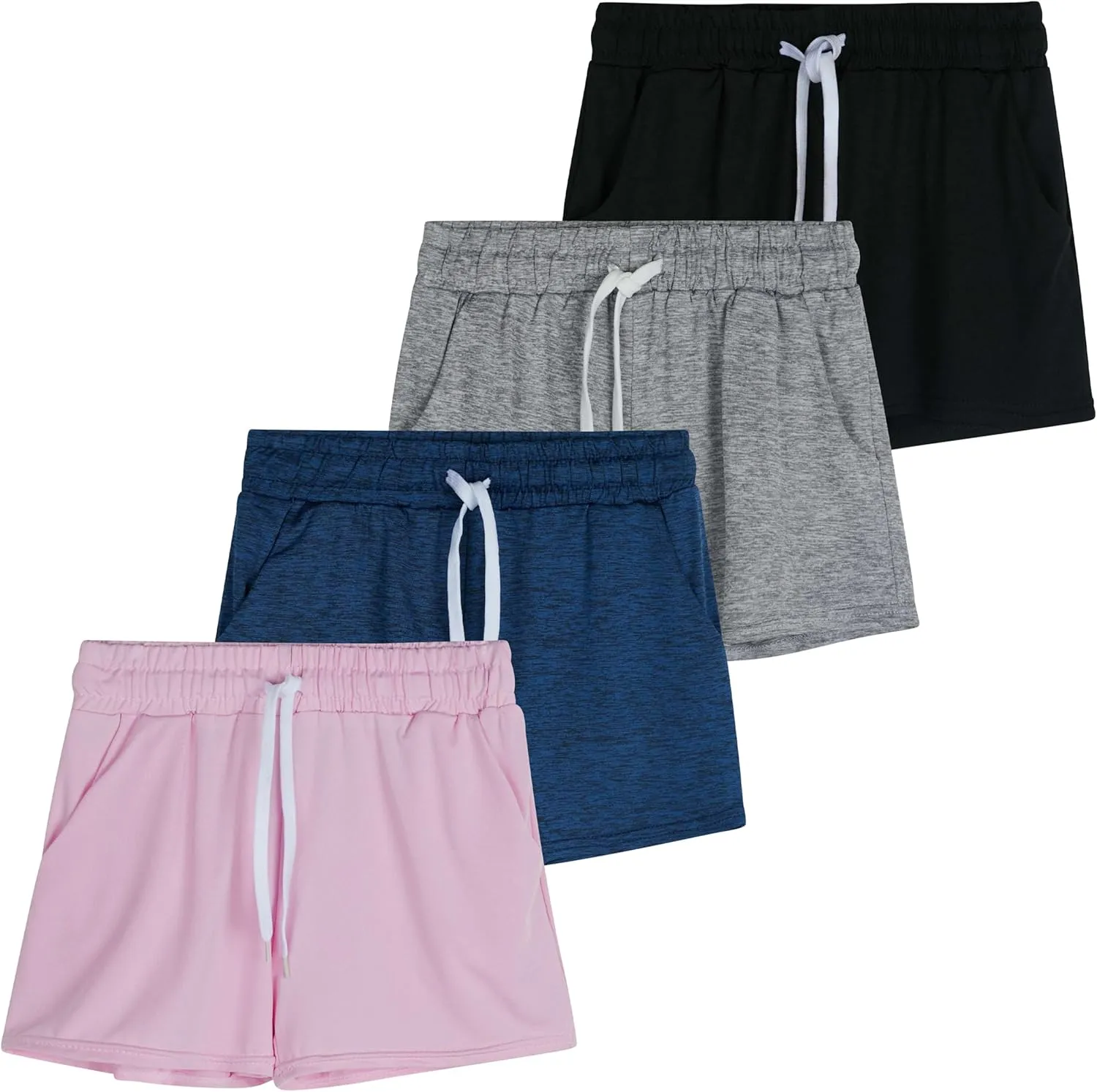 Real Essentials 4 Pack: Girls Athletic Performance Dry-Fit Running Shorts with Drawstring & Pockets