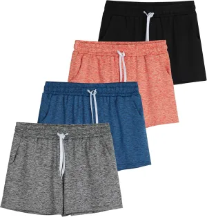 Real Essentials 4 Pack: Girls Athletic Performance Dry-Fit Running Shorts with Drawstring & Pockets