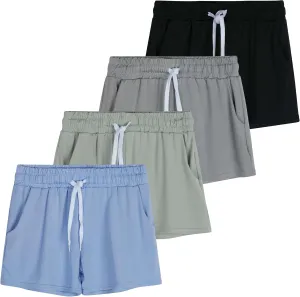 Real Essentials 4 Pack: Girls Athletic Performance Dry-Fit Running Shorts with Drawstring & Pockets