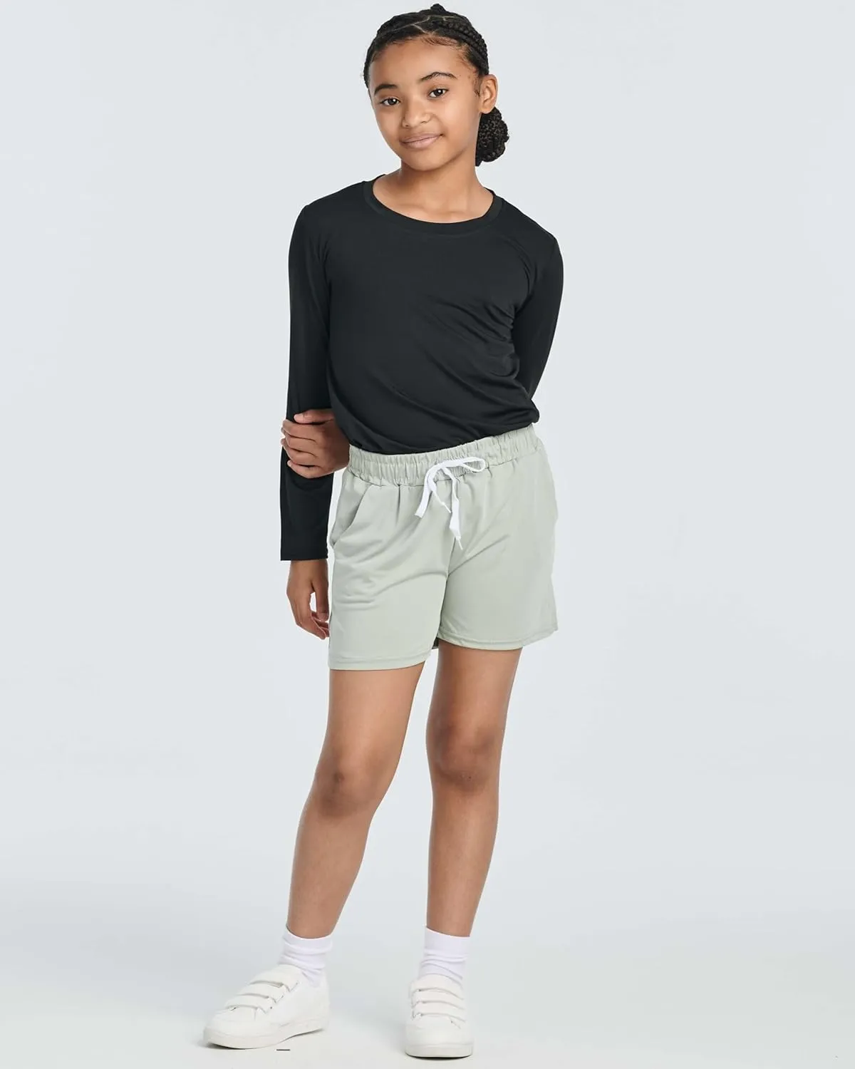 Real Essentials 4 Pack: Girls Athletic Performance Dry-Fit Running Shorts with Drawstring & Pockets