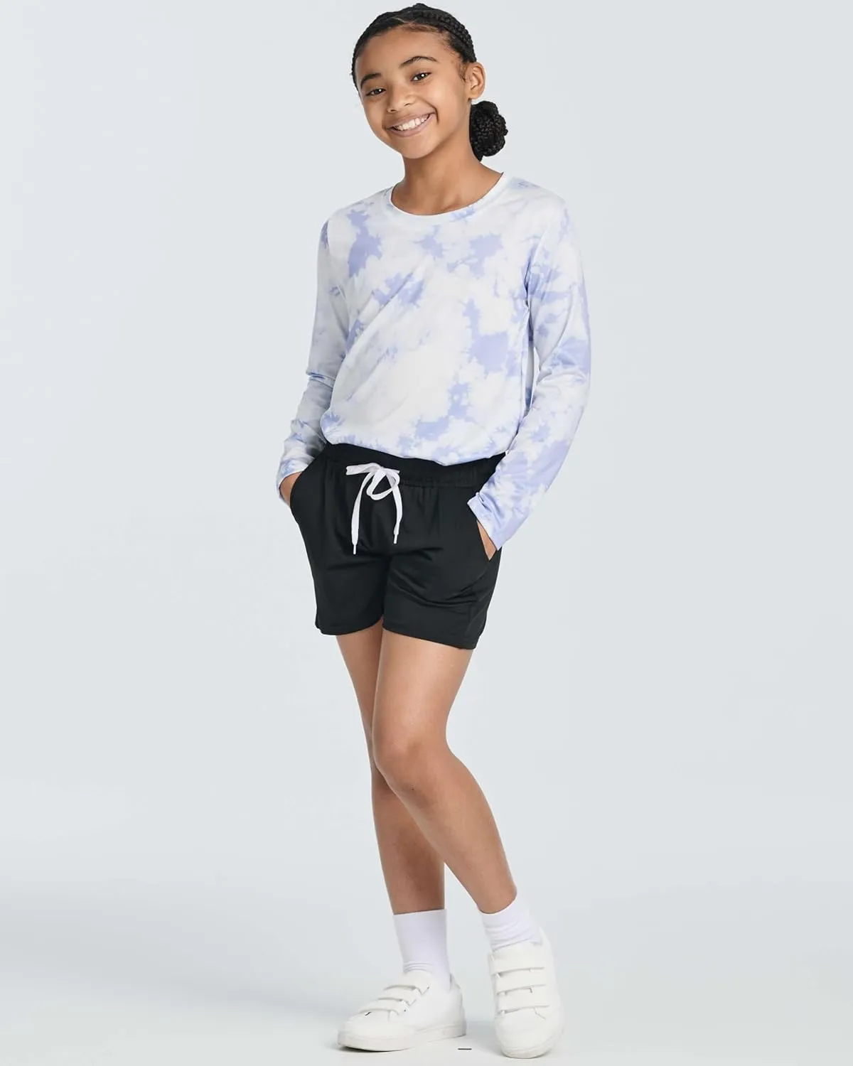Real Essentials 4 Pack: Girls Athletic Performance Dry-Fit Running Shorts with Drawstring & Pockets