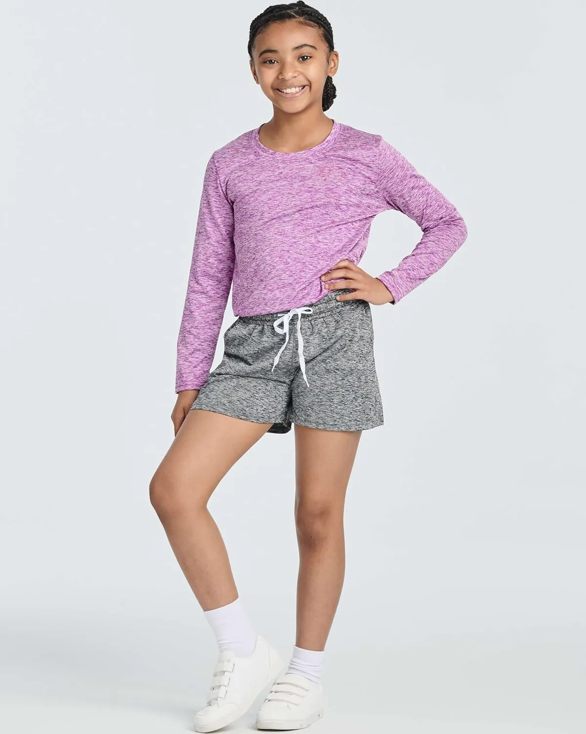 Real Essentials 4 Pack: Girls Athletic Performance Dry-Fit Running Shorts with Drawstring & Pockets