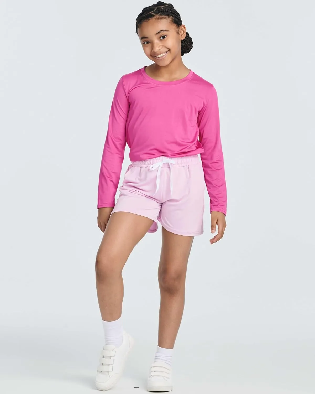 Real Essentials 4 Pack: Girls Athletic Performance Dry-Fit Running Shorts with Drawstring & Pockets