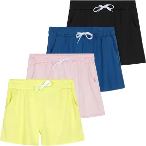 Real Essentials 4 Pack: Girls Athletic Performance Dry-Fit Running Shorts with Drawstring & Pockets