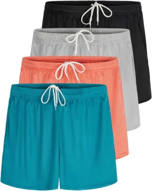 Real Essentials 4 Pack: Womens Active Athletic Performance Mesh Shorts with Pockets (Available in Plus Size)