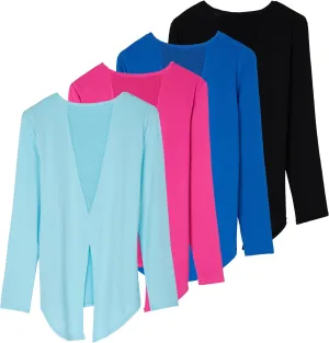 Real Essentials 4 Pack: Women's Dry-Fit Long-Sleeve Tie Back Athletic Workout T-Shirt (Available in Plus Size)