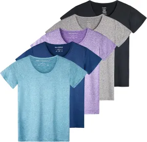 Real Essentials 5 Pack: Women's Dry Fit Tech Stretch Short-Sleeve Crew Neck Athletic T-Shirt (Available in Plus Size)