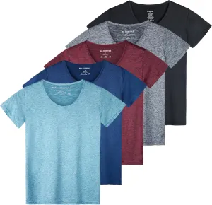 Real Essentials 5 Pack: Women's Dry Fit Tech Stretch Short-Sleeve Crew Neck Athletic T-Shirt (Available in Plus Size)