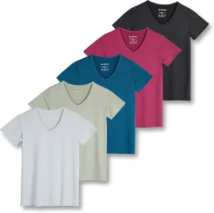 Real Essentials 5 Pack: Women's Short Sleeve V-Neck Activewear T-Shirt Dry-Fit Wicking Yoga Top (Available in Plus)