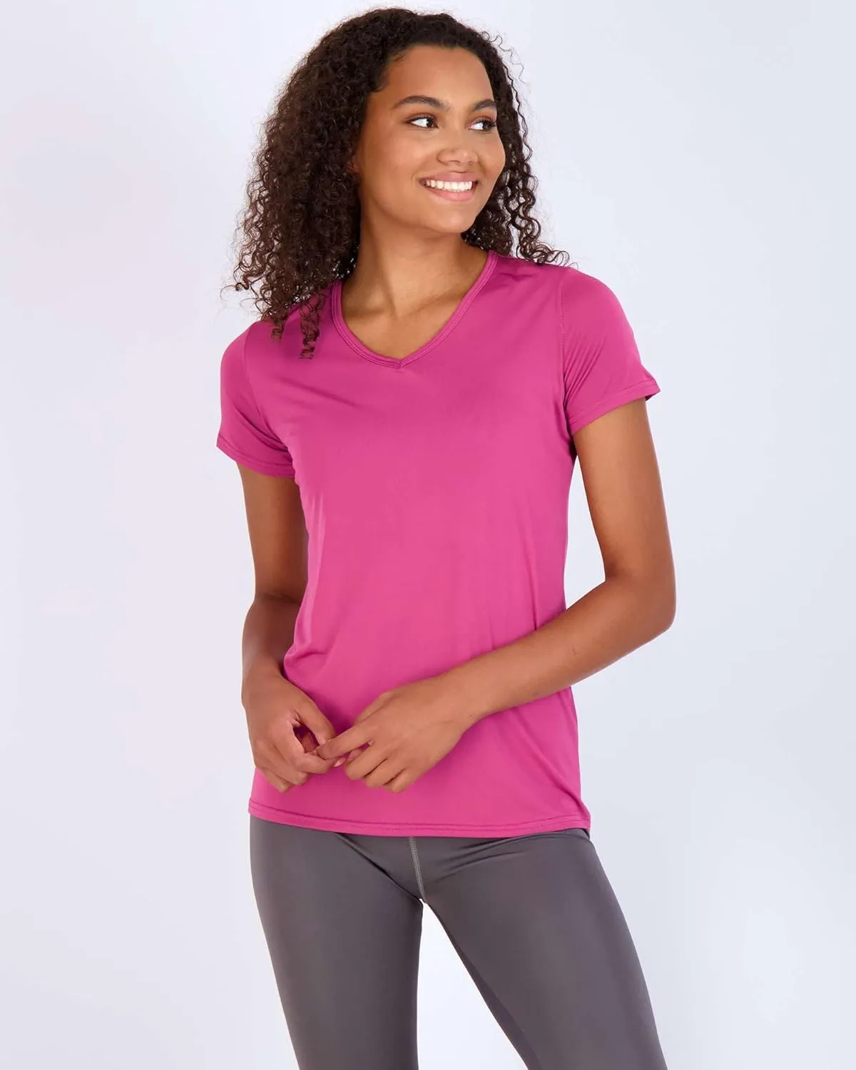 Real Essentials 5 Pack: Women's Short Sleeve V-Neck Activewear T-Shirt Dry-Fit Wicking Yoga Top (Available in Plus)
