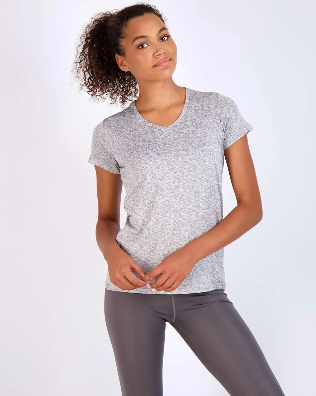 Real Essentials 5 Pack: Women's Short Sleeve V-Neck Activewear T-Shirt Dry-Fit Wicking Yoga Top (Available in Plus)