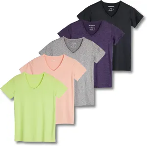 Real Essentials 5 Pack: Women's Short Sleeve V-Neck Activewear T-Shirt Dry-Fit Wicking Yoga Top (Available in Plus)