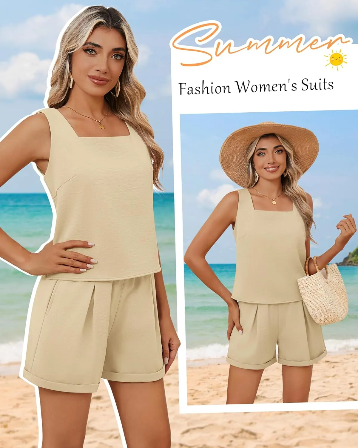 Riyiper Women 2 Piece Sets Summer Linen Outfits Cotton Sleeveless Square Neck Crop Tank Top Elastic Waist Shorts with Pockets