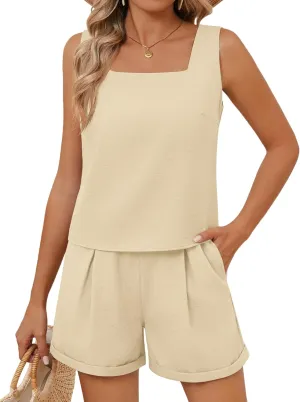 Riyiper Women 2 Piece Sets Summer Linen Outfits Cotton Sleeveless Square Neck Crop Tank Top Elastic Waist Shorts with Pockets