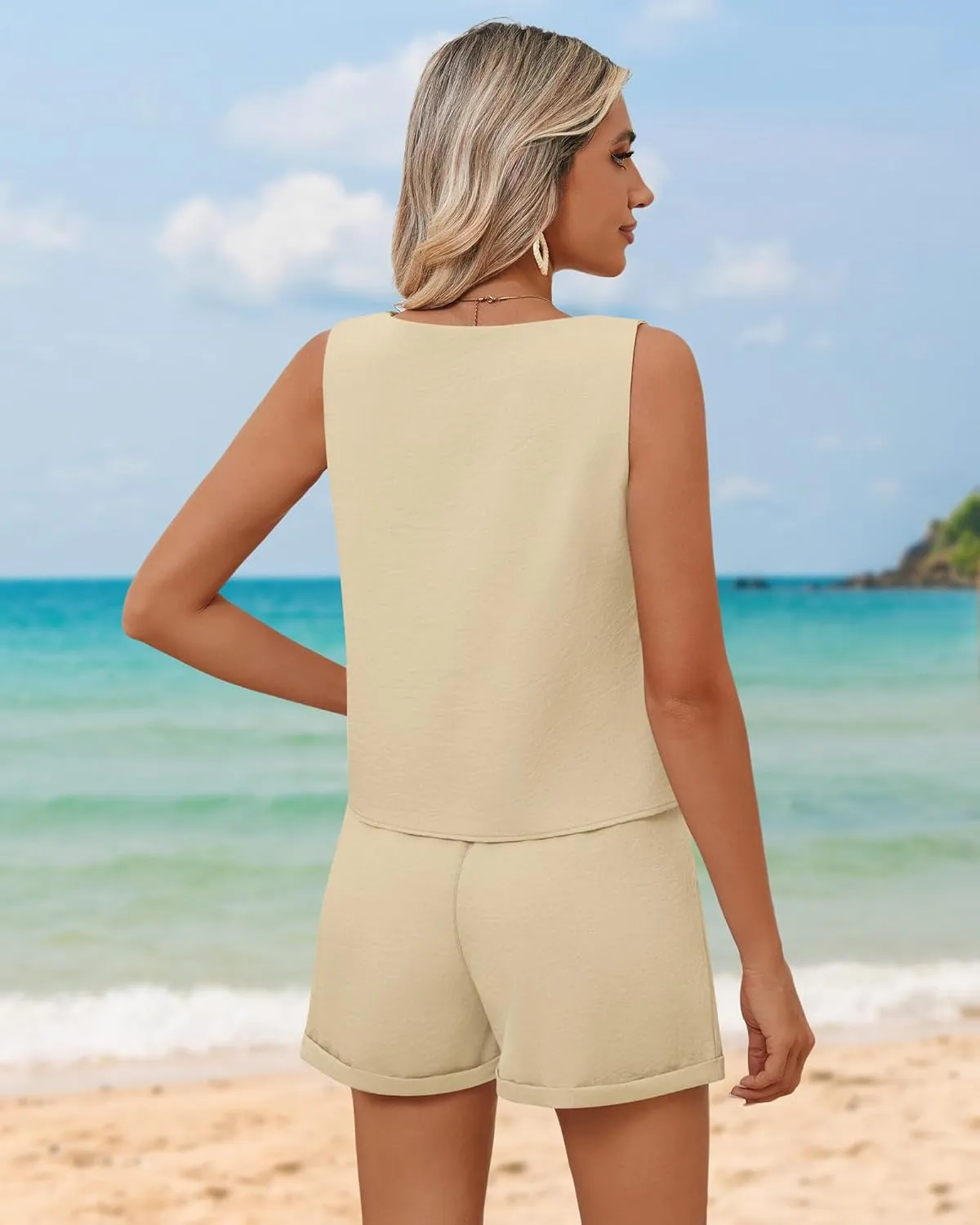 Riyiper Women 2 Piece Sets Summer Linen Outfits Cotton Sleeveless Square Neck Crop Tank Top Elastic Waist Shorts with Pockets