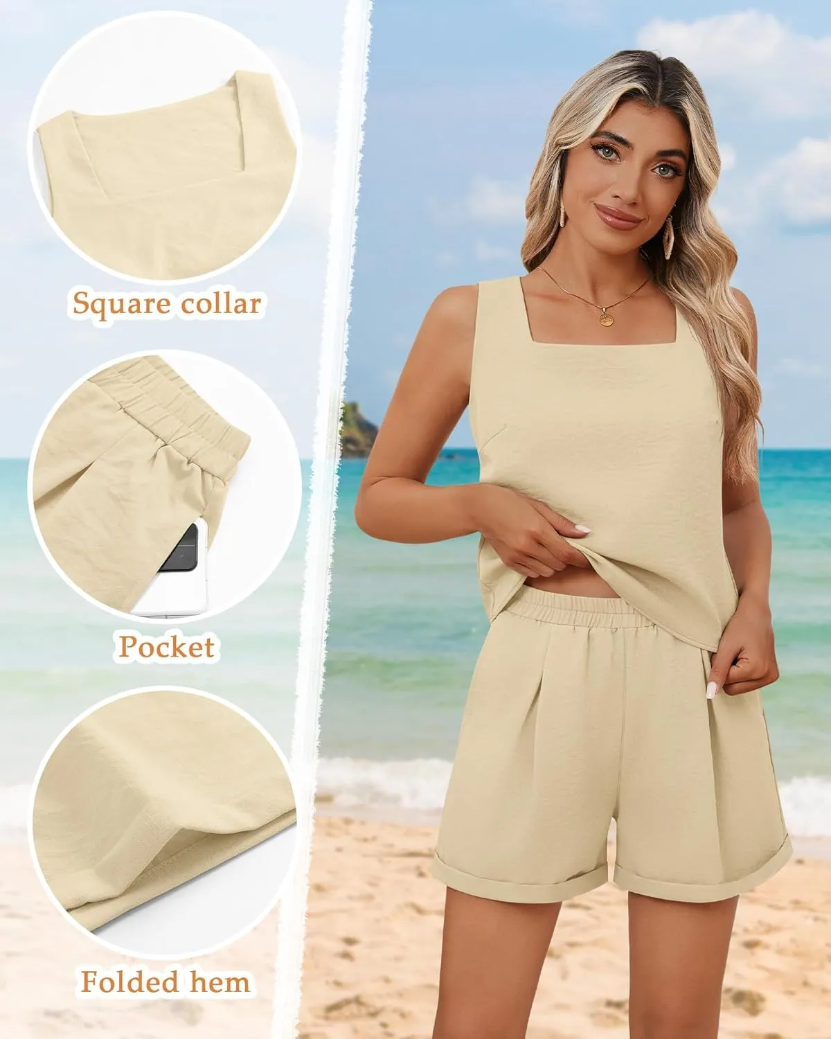 Riyiper Women 2 Piece Sets Summer Linen Outfits Cotton Sleeveless Square Neck Crop Tank Top Elastic Waist Shorts with Pockets