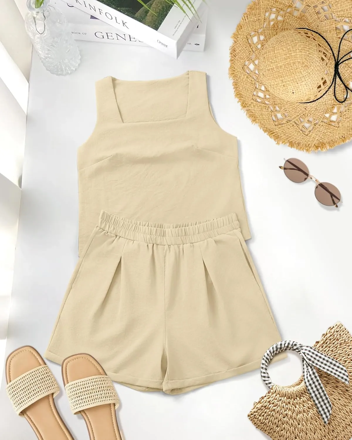 Riyiper Women 2 Piece Sets Summer Linen Outfits Cotton Sleeveless Square Neck Crop Tank Top Elastic Waist Shorts with Pockets