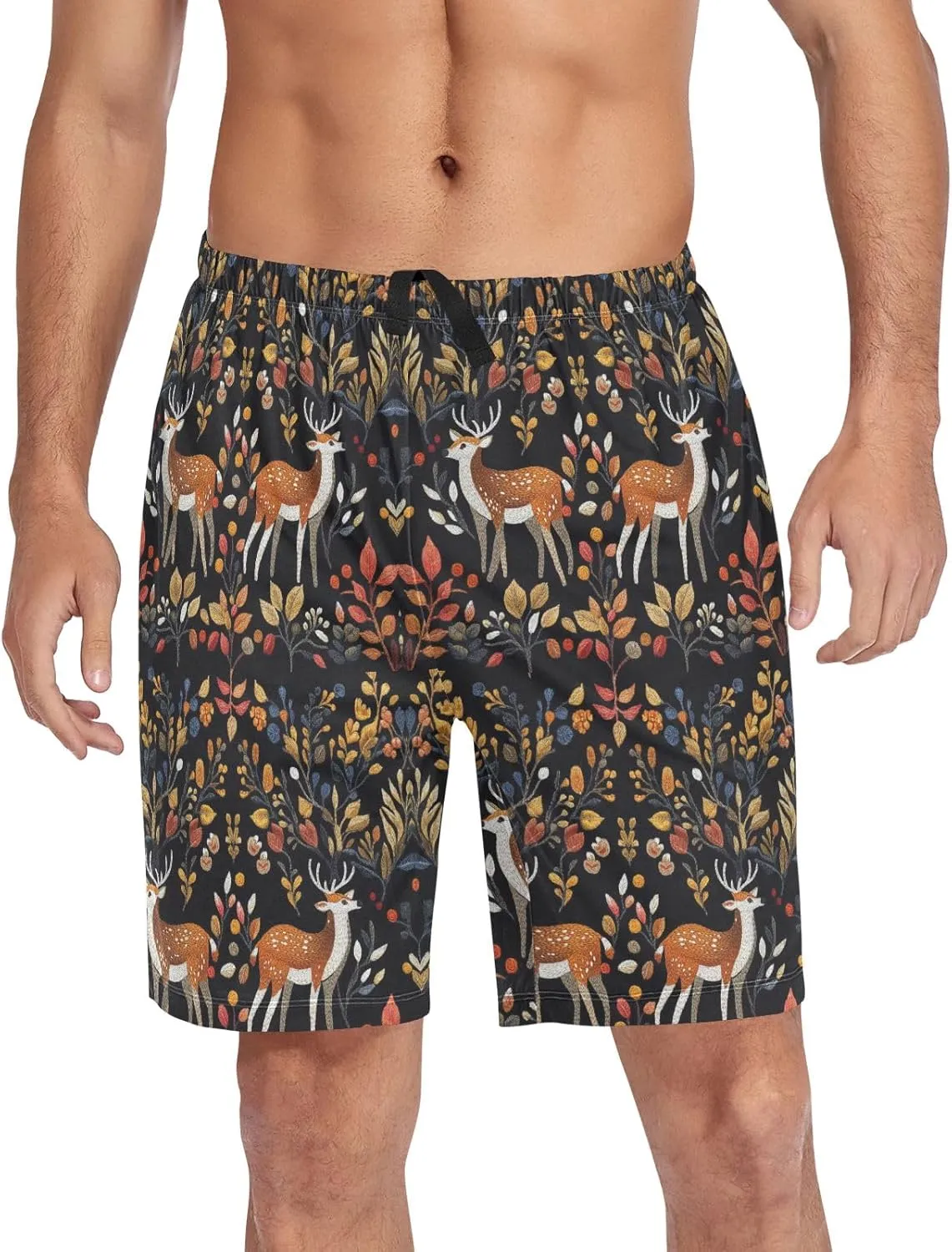 senya Embroidered Deer Mens Pajama Shorts Soft Pants Lounge Sleepwear Bottoms with Drawstring & Pockets