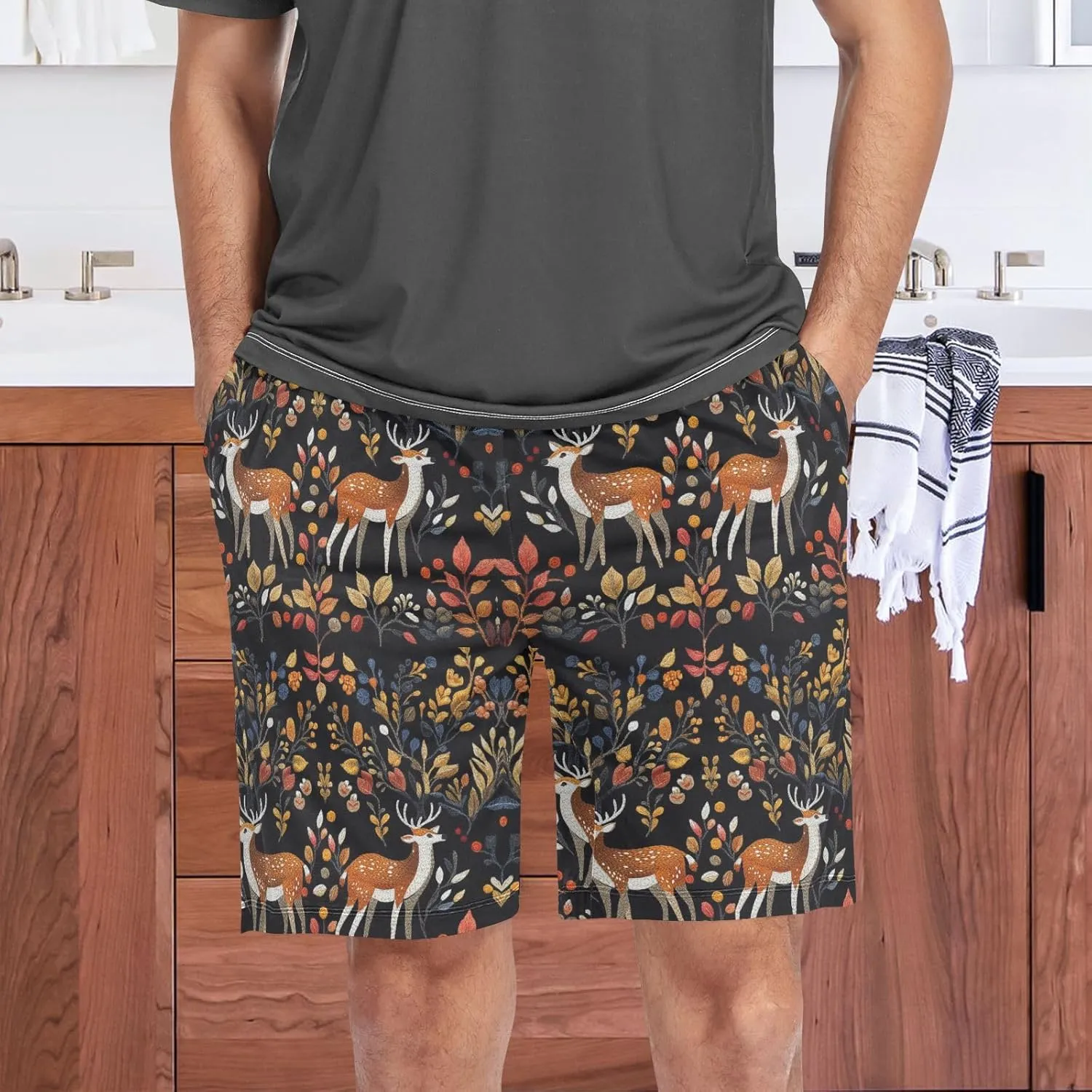 senya Embroidered Deer Mens Pajama Shorts Soft Pants Lounge Sleepwear Bottoms with Drawstring & Pockets