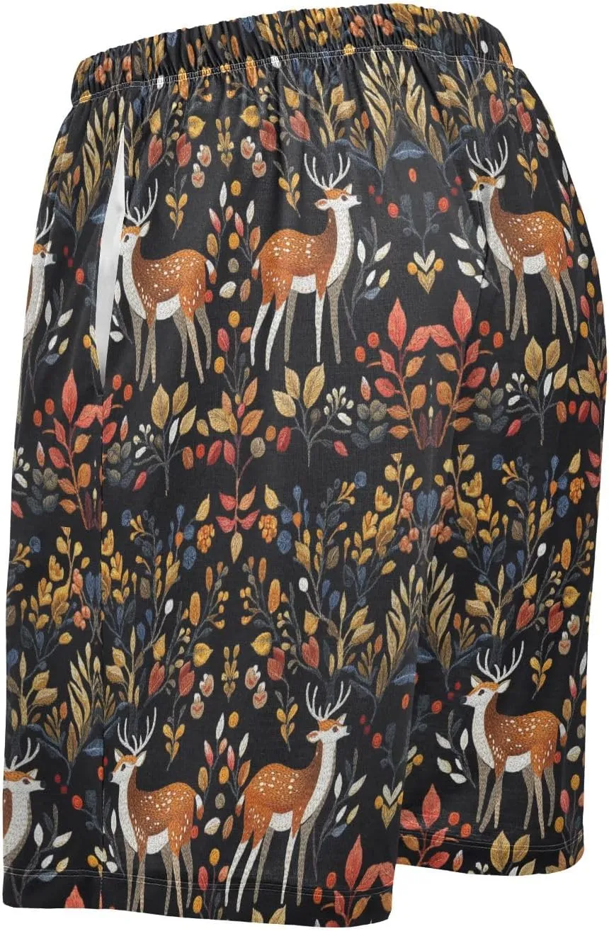 senya Embroidered Deer Mens Pajama Shorts Soft Pants Lounge Sleepwear Bottoms with Drawstring & Pockets