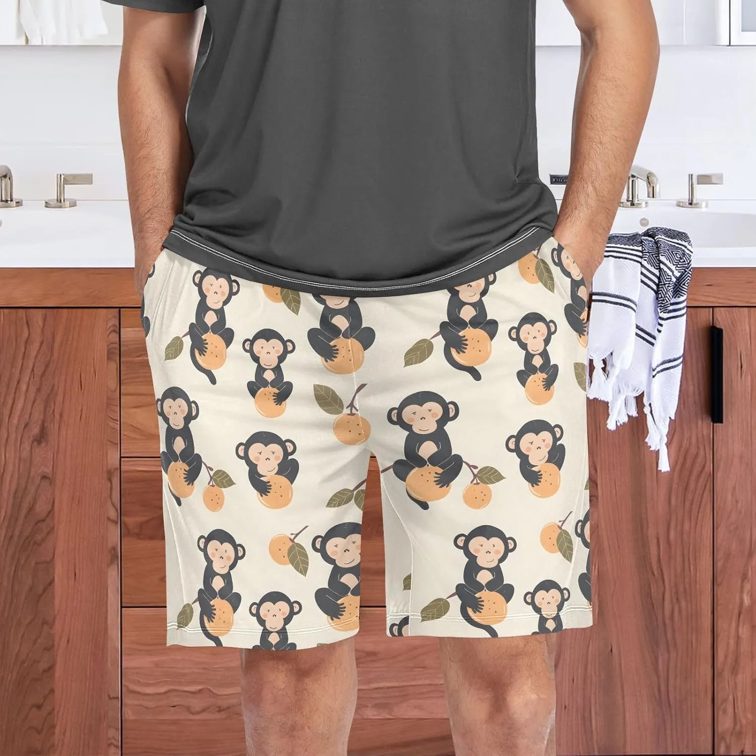 senya Monkey Peach Mens Pajama Shorts Soft Pants Lounge Sleepwear Bottoms with Drawstring & Pockets