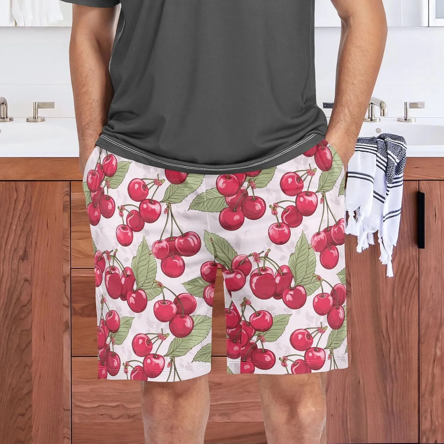 senya Pink Cherry Mens Pajama Shorts Soft Pants Lounge Sleepwear Bottoms with Drawstring & Pockets