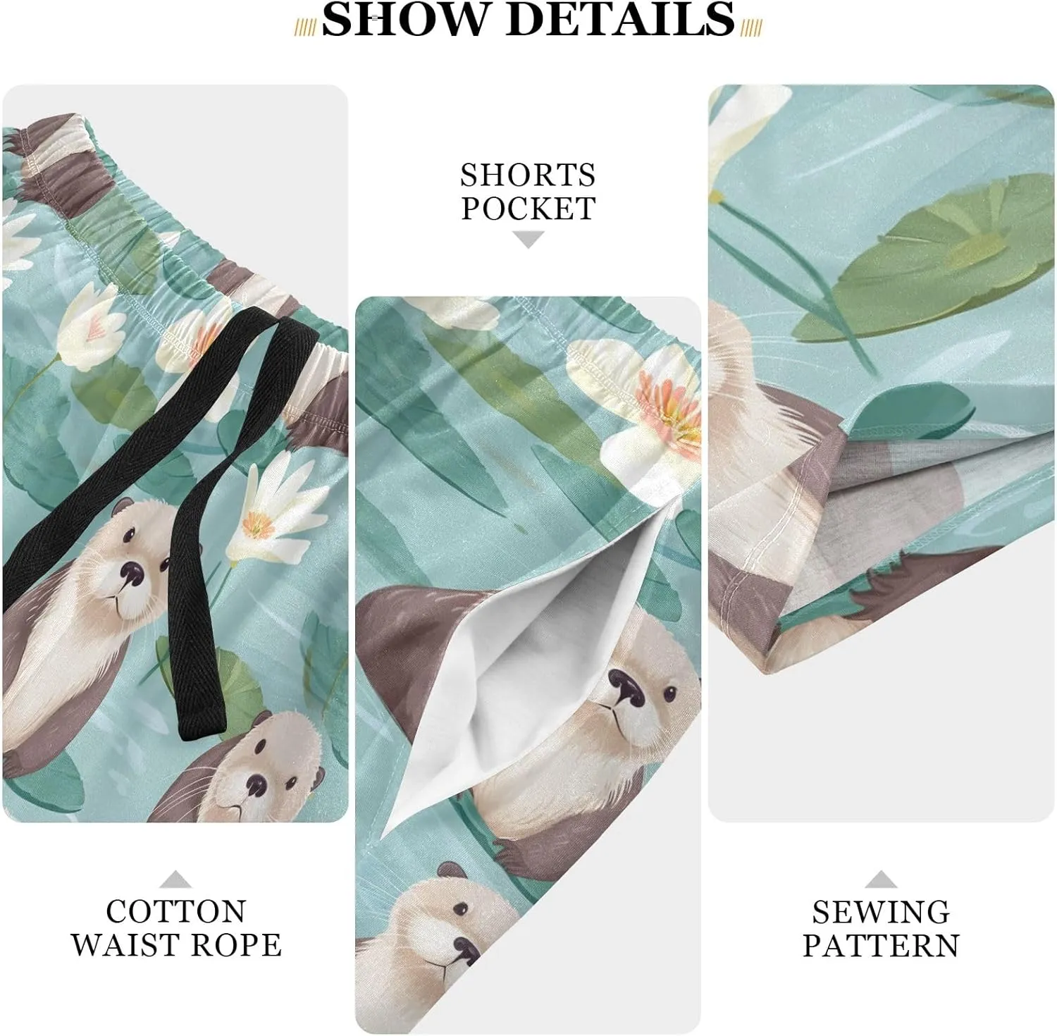 senya Sea Otter Lotus Mens Pajama Shorts Soft Pants Lounge Sleepwear Bottoms with Drawstring & Pockets