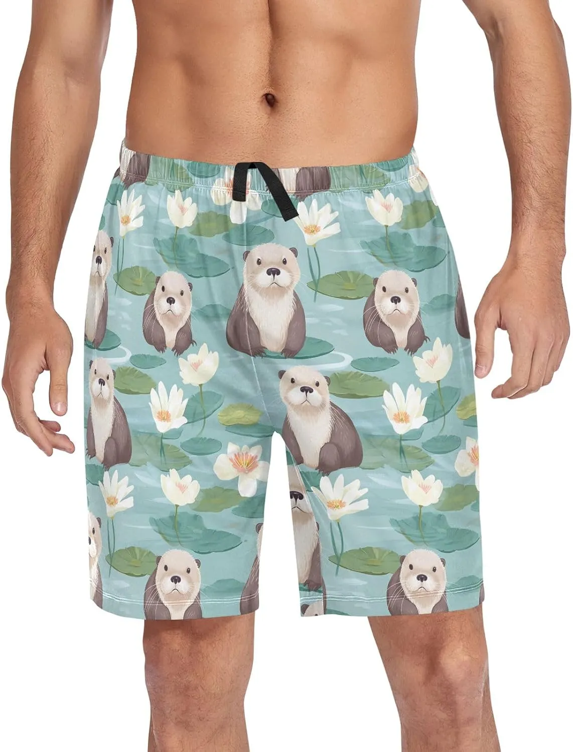 senya Sea Otter Lotus Mens Pajama Shorts Soft Pants Lounge Sleepwear Bottoms with Drawstring & Pockets