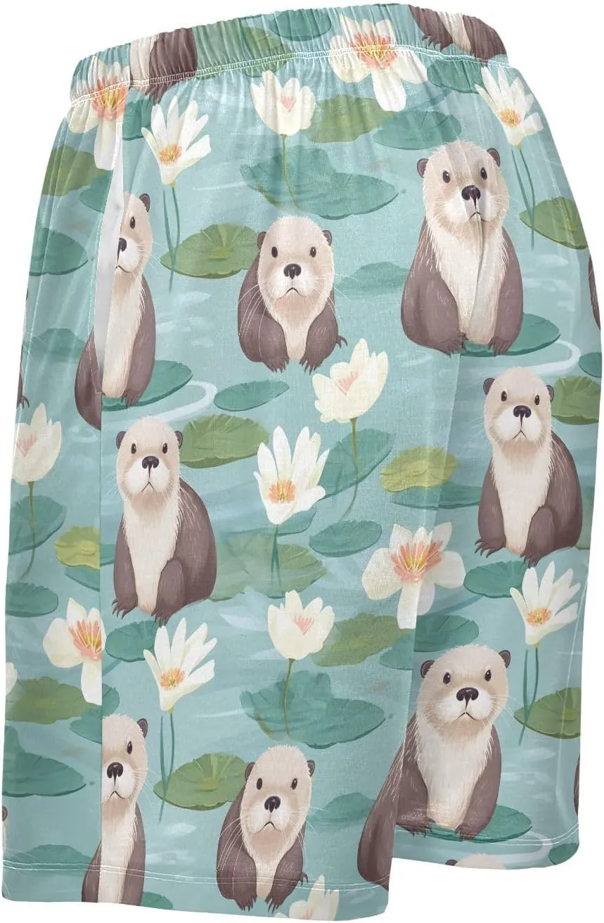 senya Sea Otter Lotus Mens Pajama Shorts Soft Pants Lounge Sleepwear Bottoms with Drawstring & Pockets