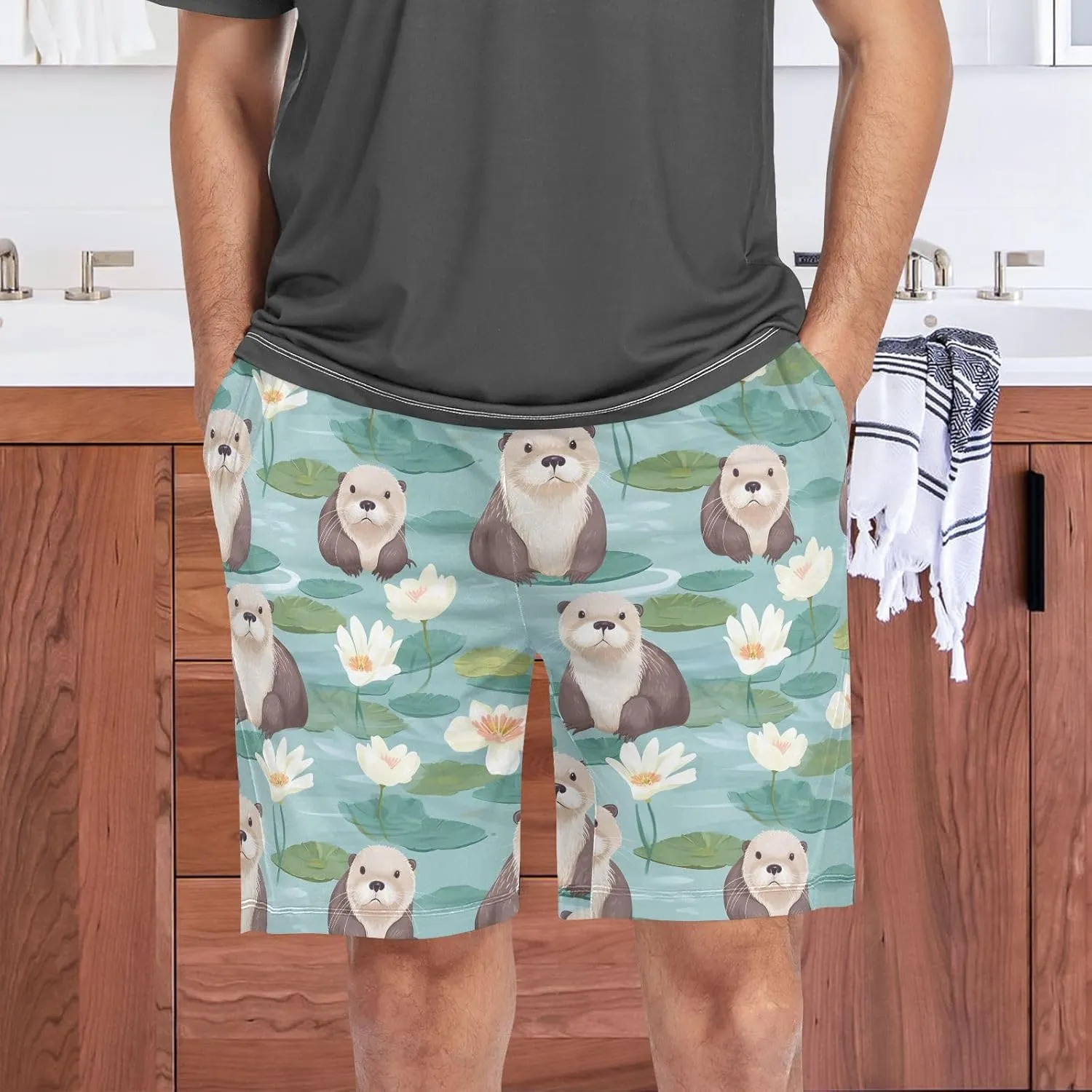 senya Sea Otter Lotus Mens Pajama Shorts Soft Pants Lounge Sleepwear Bottoms with Drawstring & Pockets