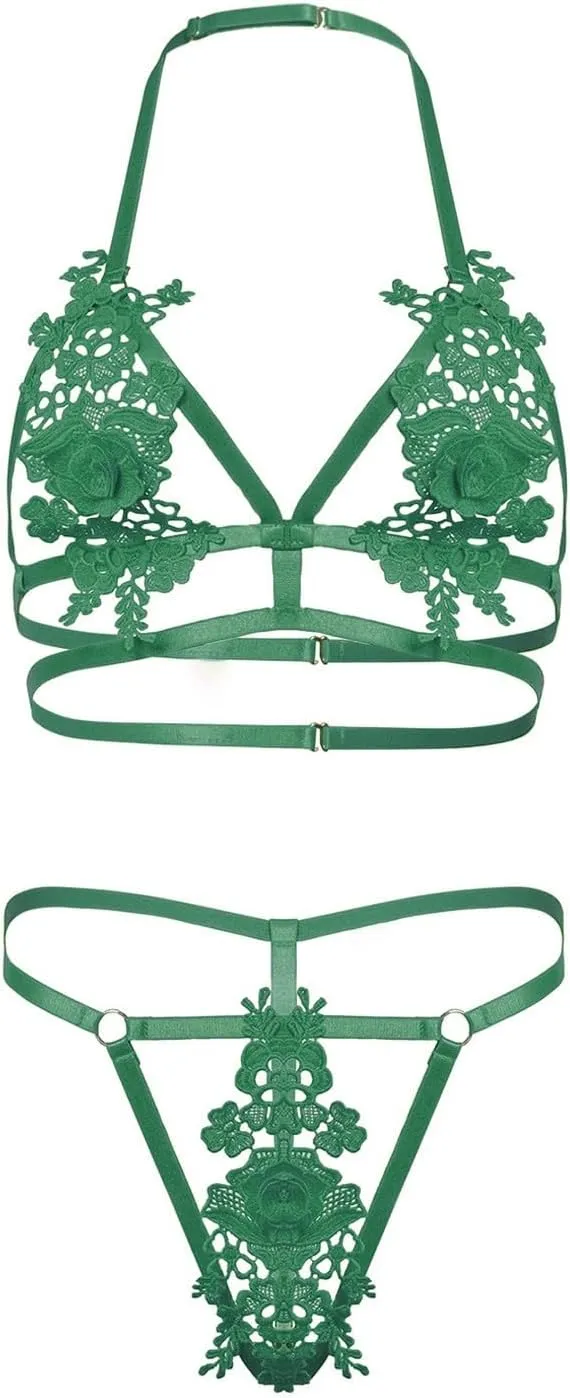 Sexy Lingerie for Women Eyelash Lace Hollow Out Matching Bra and Panty Sets Push Up Lace Bralette 2 Piece Lingerie Set