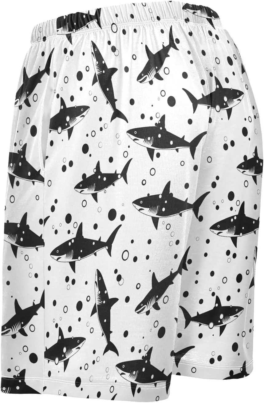 Shark on Black Mens Pajama Shorts Soft Pants Lounge Sleepwear Bottoms with Drawstring & Pockets