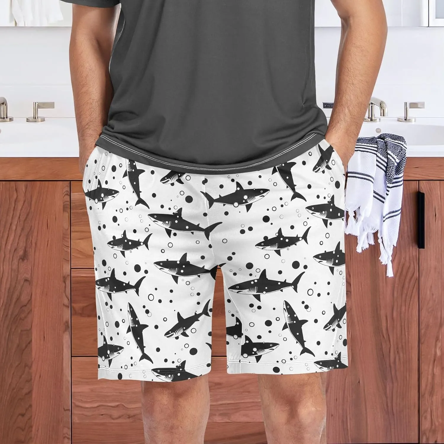 Shark on Black Mens Pajama Shorts Soft Pants Lounge Sleepwear Bottoms with Drawstring & Pockets