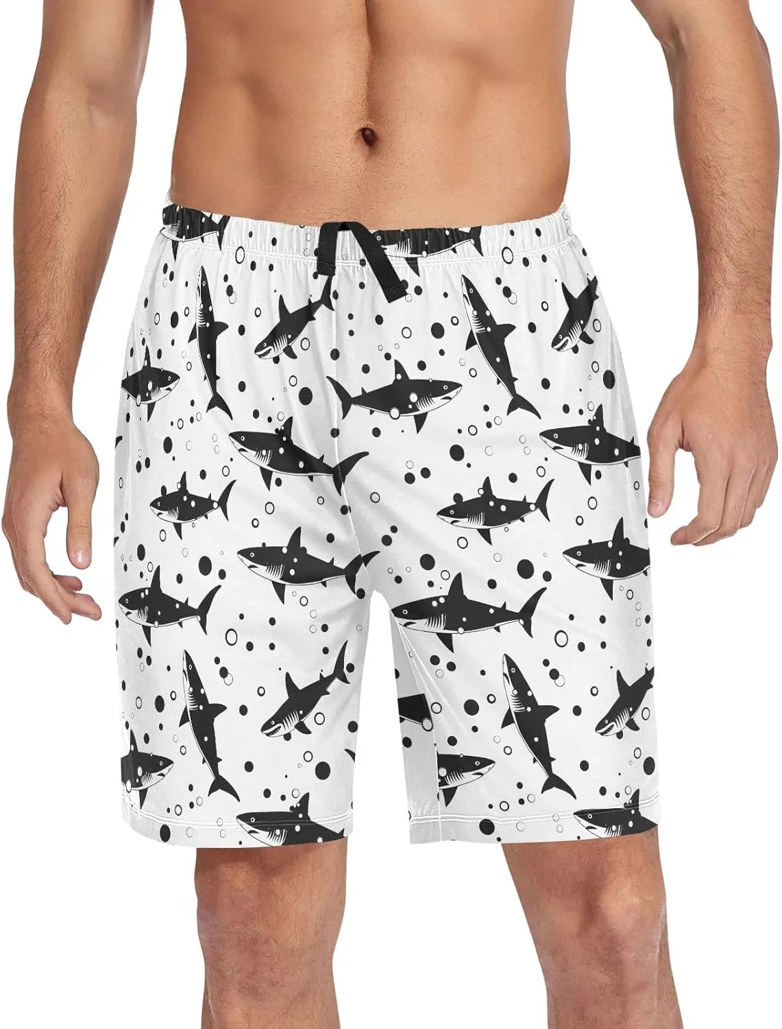 Shark on Black Mens Pajama Shorts Soft Pants Lounge Sleepwear Bottoms with Drawstring & Pockets