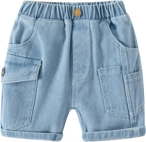 Solid Color Cargo Denim Shorts for Toddler Girls Boys Kids Elastic Waist Chambray Jeans Shorts Pants Daily Clothes