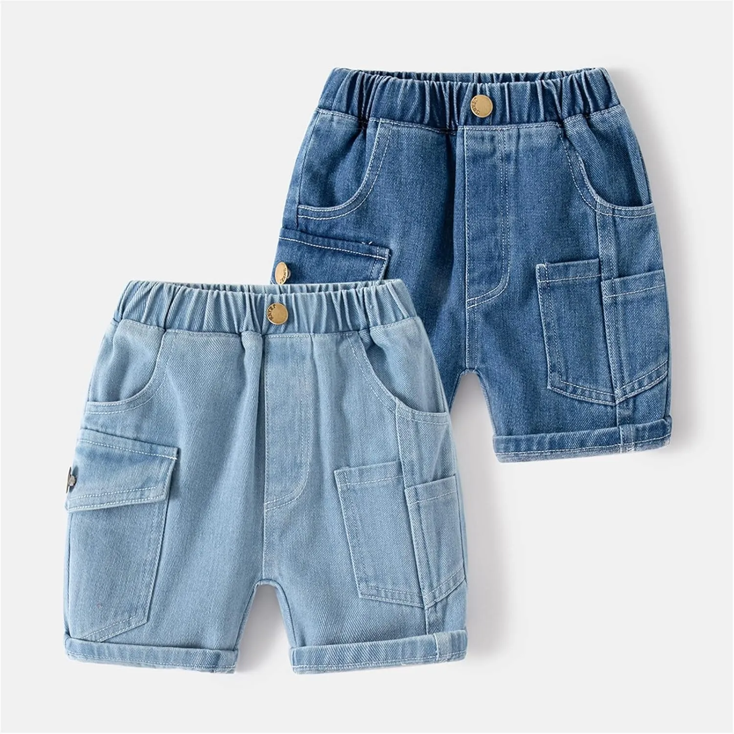 Solid Color Cargo Denim Shorts for Toddler Girls Boys Kids Elastic Waist Chambray Jeans Shorts Pants Daily Clothes
