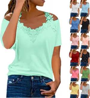 Summer Cold Shoulder Tops for Women Lace Short Sleeve V Neck Blouses Loose Casual Graphic Tee Shirts Pullover