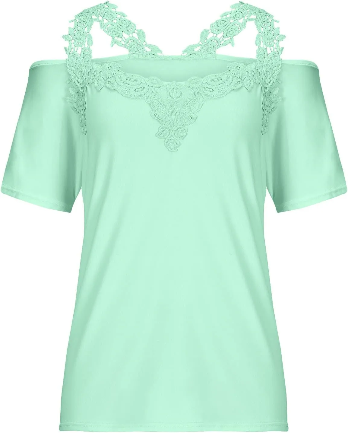 Summer Cold Shoulder Tops for Women Lace Short Sleeve V Neck Blouses Loose Casual Graphic Tee Shirts Pullover