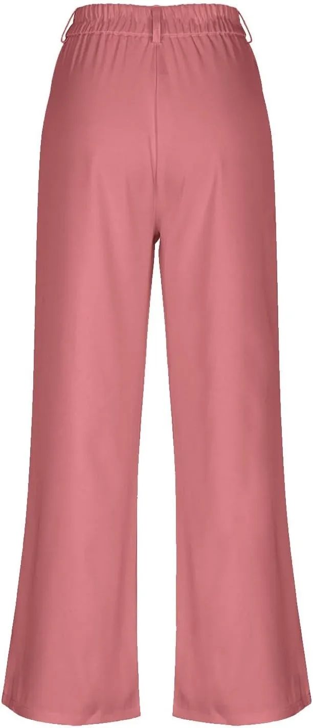 Teen Girls Dress Pants Pull On Relaxed Fit Trousers Straight Leg High Waisted Loose Fit Solid Color Pants with Pockets